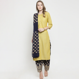 Women Navy Blue & Gold-Toned Block Printed Salwar & Dupatta Set