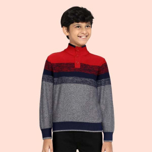 Boys Red & Charcoal Grey Striped Pullover Sweater